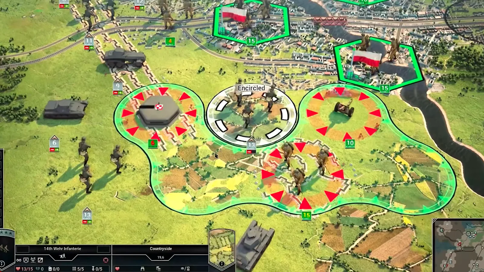 Colorful strategy map displaying tanks, soldiers, and marked combat zones