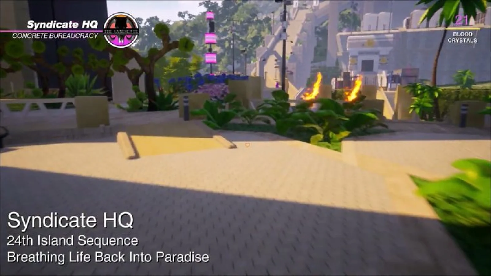 Paradise Killer gameplay showing the colorful Syndicate HQ in an open-world environment.