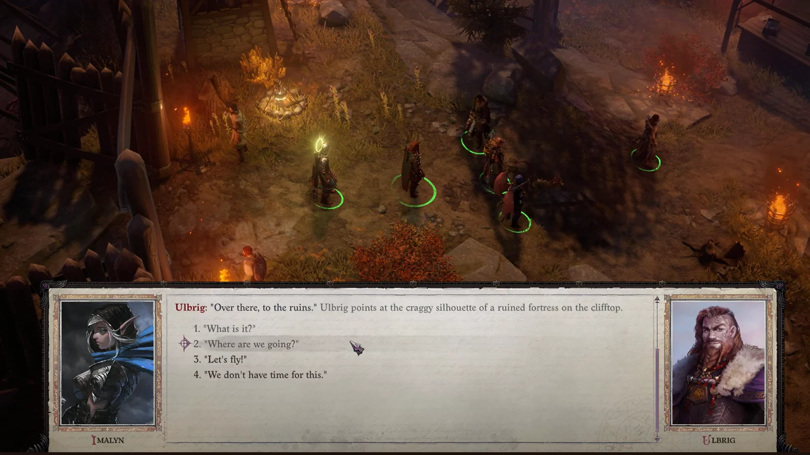 Pathfinder gameplay showing a dialogue interface over a dark fantasy battle scene