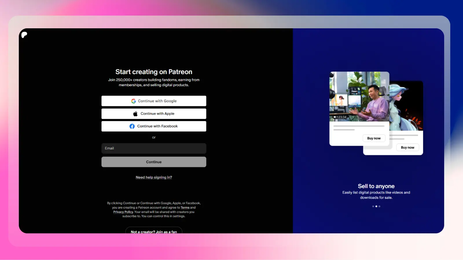 patreon website showing options for creators to build memberships and sell digital products