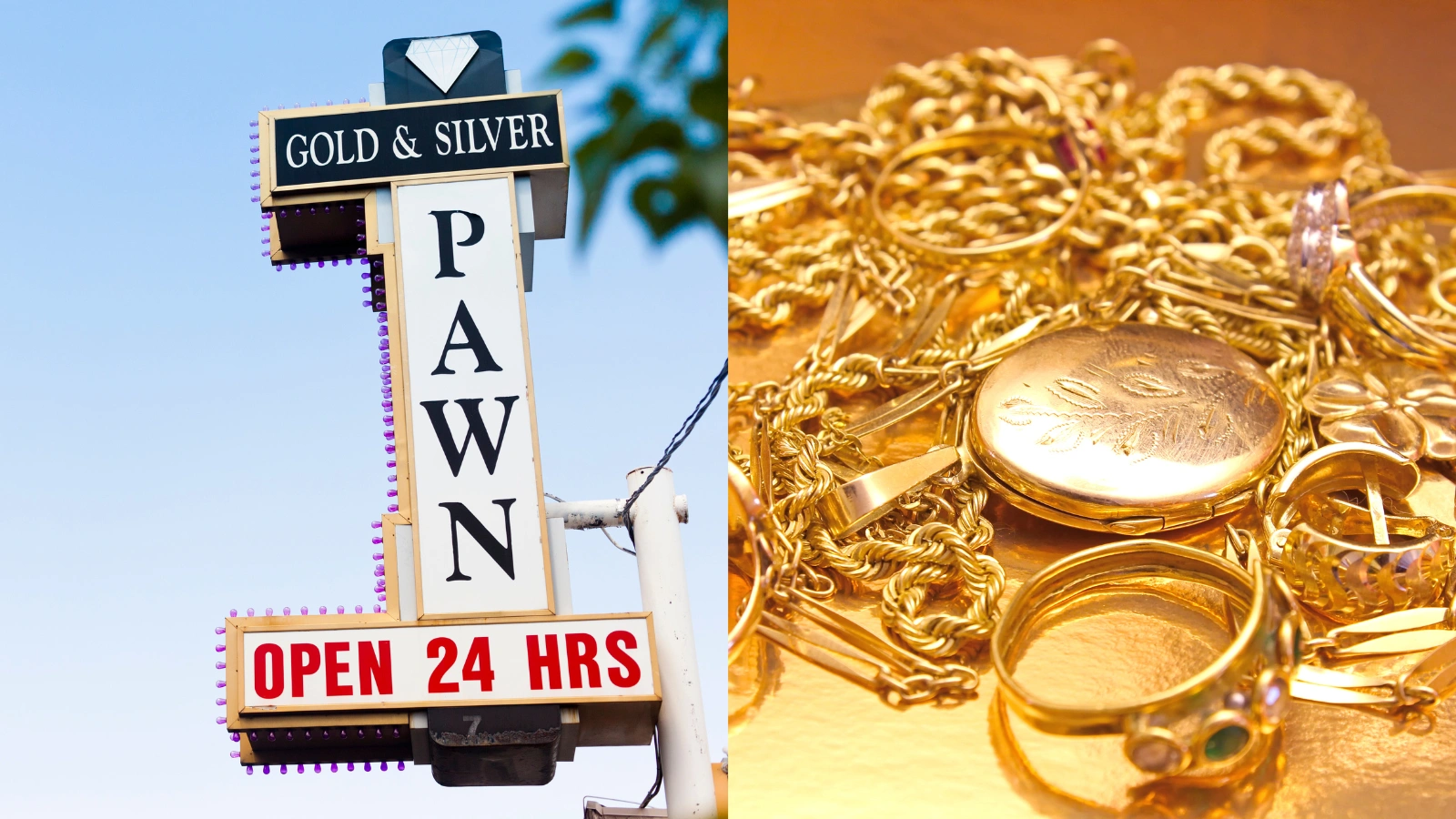 Pawn shop sign and gold jewelry