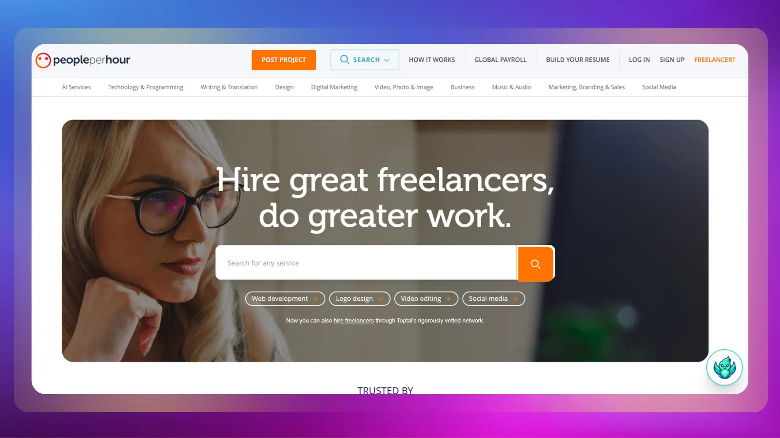 Página web de PeoplePerHour en la que se muestran servicios y categorías para autónomos