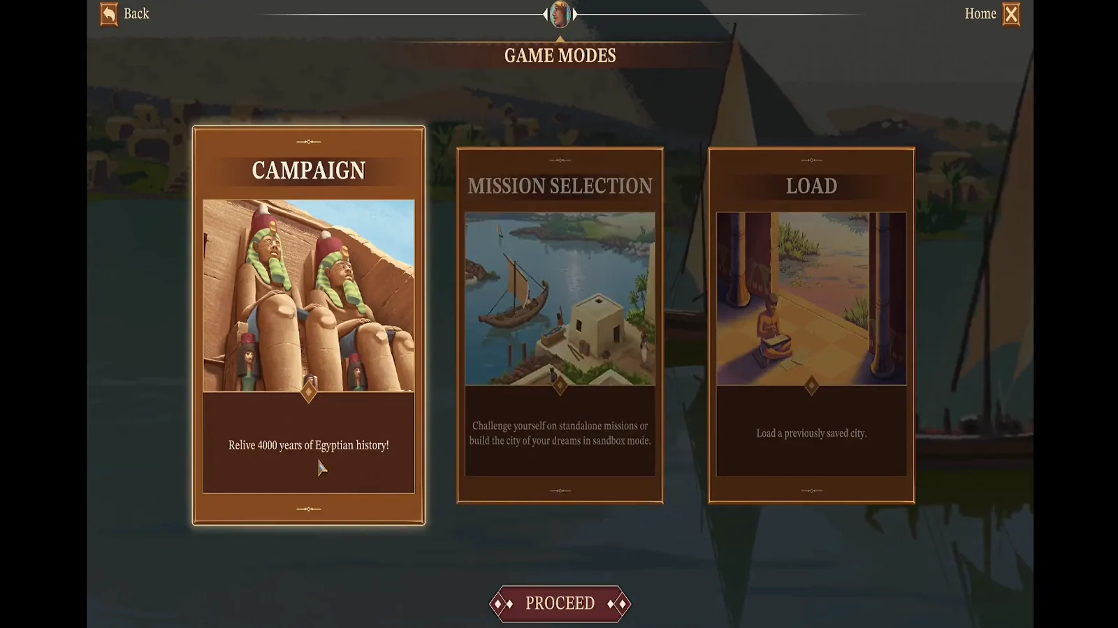Pharaoh: A New Era game modes menu featuring Campaign, Mission Selection, and Load options.