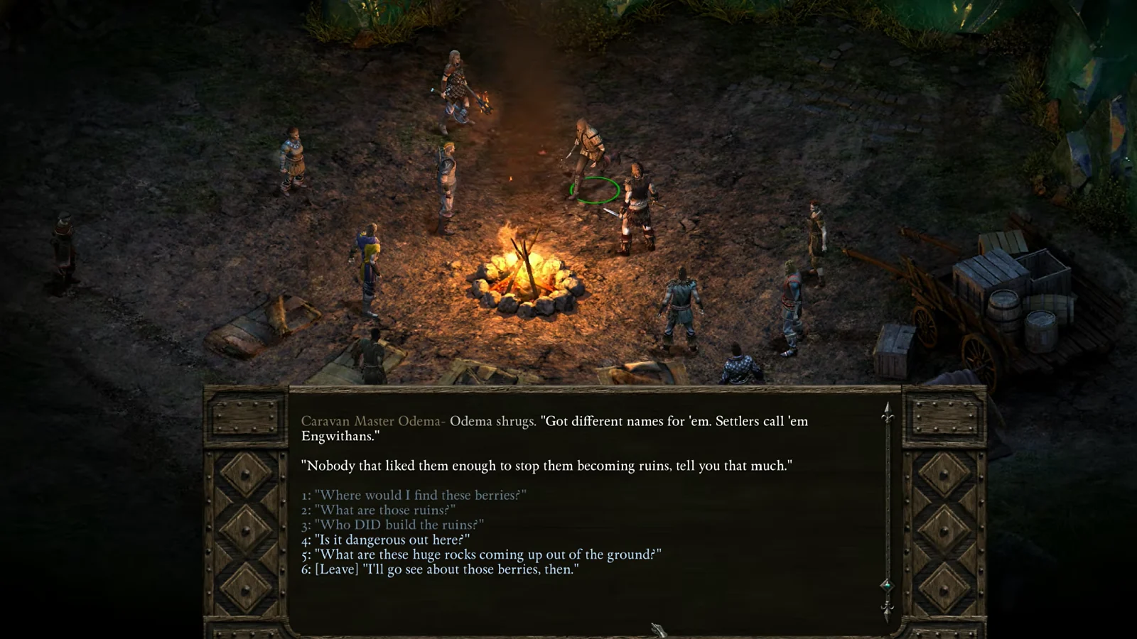An isometric fantasy party gathers around a campfire while a dialogue box appears on screen.