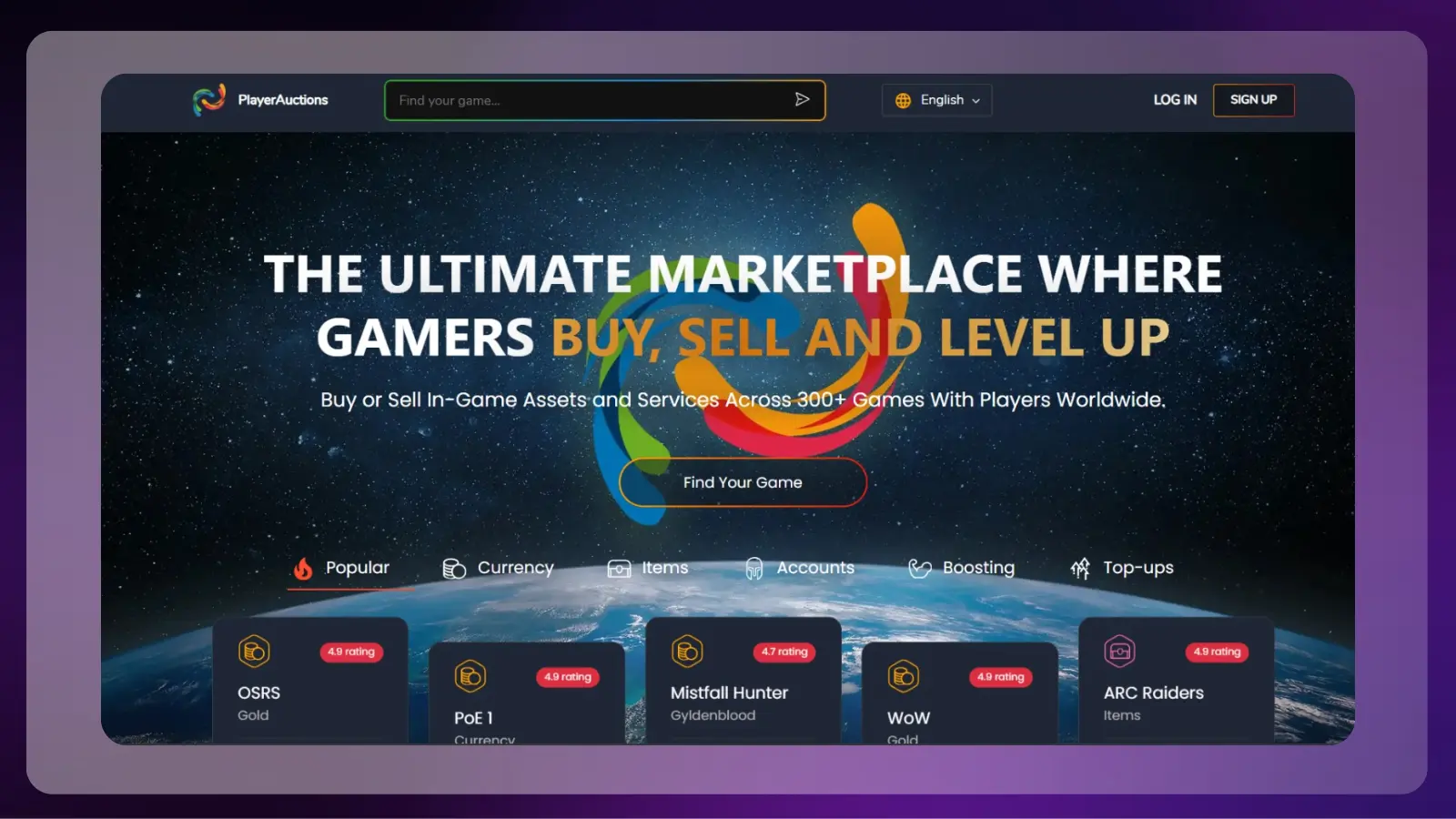 playerauctions website promoting its gaming marketplace
