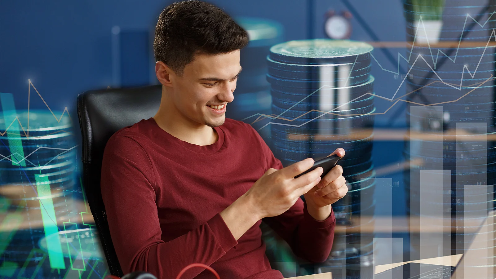 Un hombre jugando a un juego en su smartphone, rodeado de montones de monedas digitales y gráficos financieros