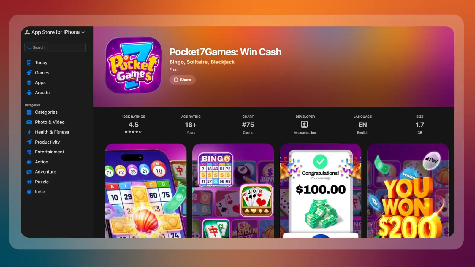 pocket7games website showing bingo solitaire and blackjack games with cash prizes on the app store