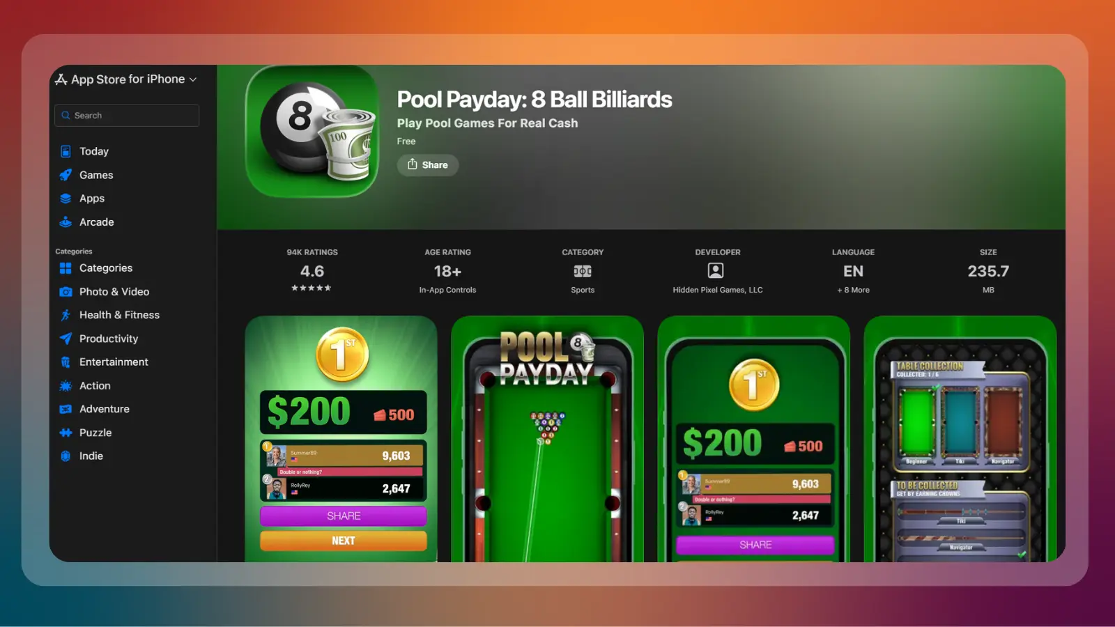 pool payday website showing a pool game with real cash prizes on the app store