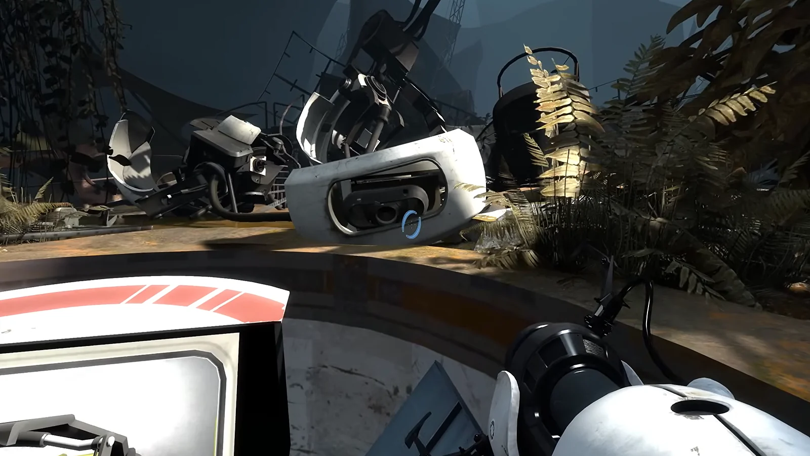 Portal 2 cooperative gameplay featuring two robots solving a puzzle in an industrial environment.