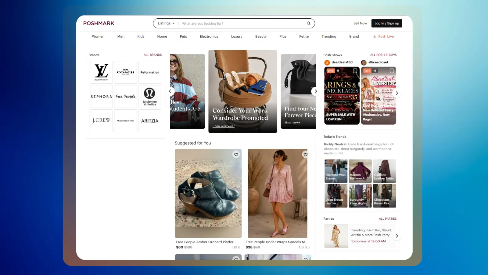 Página web de Poshmark, que ofrece un mercado en línea para la venta de ropa, accesorios y otros productos