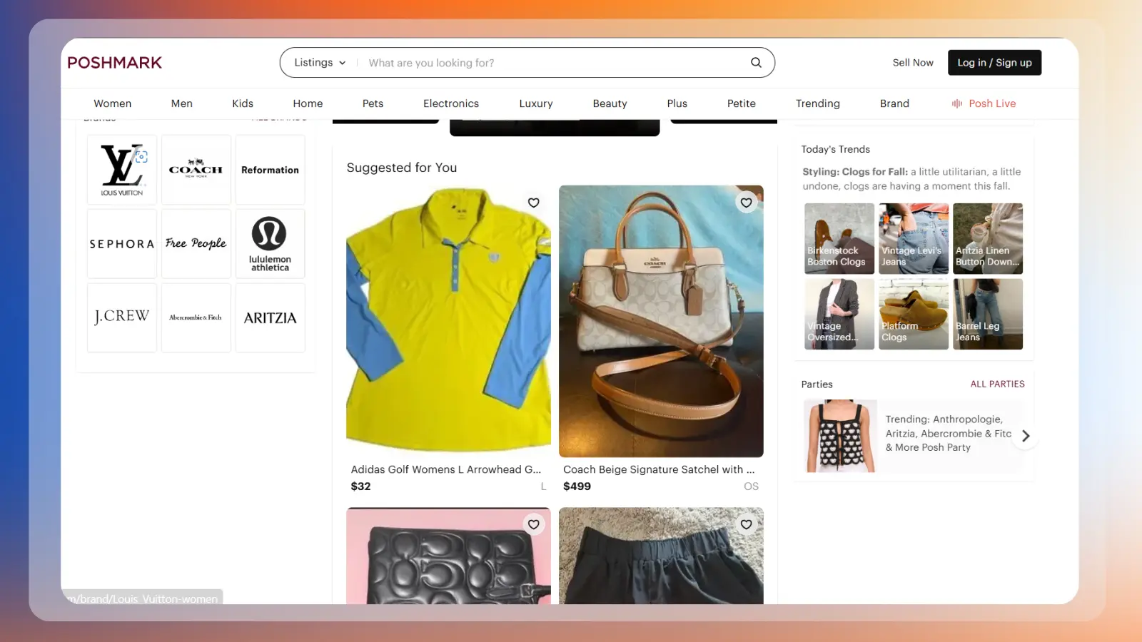 Página web de Poshmark, donde se muestran artículos en venta y opciones de venta online