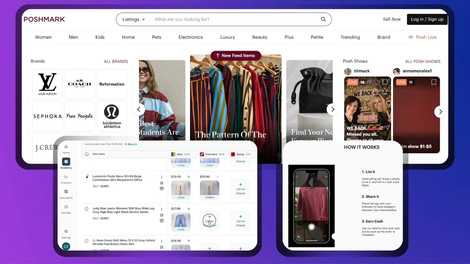 Poshmark reselling platform showing clothing listings, inventory, and selling tools