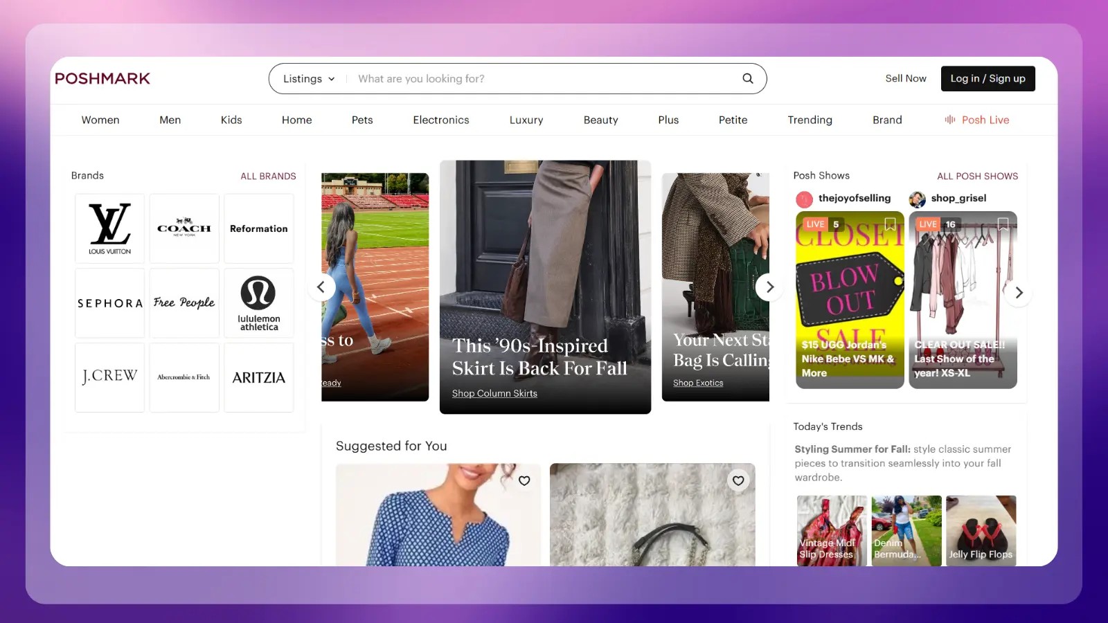 poshmark website showing its online marketplace for buying and selling fashion, accessories, and other products
