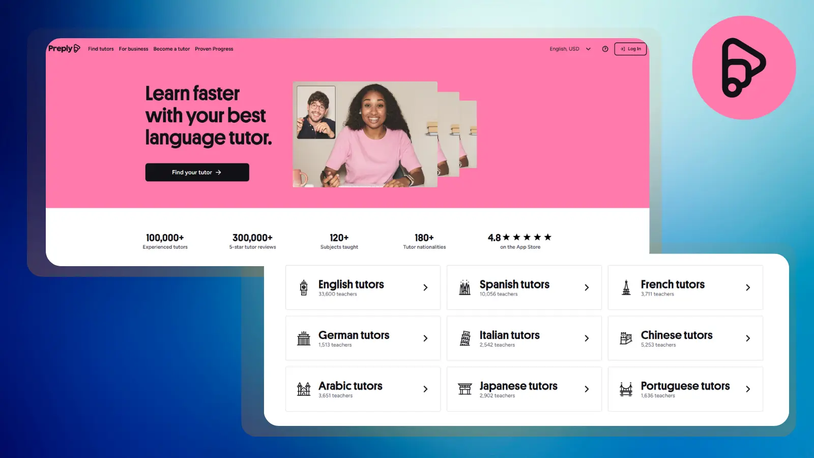 Página web de Preply en la que se ofrecen clases particulares de idiomas con profesores de diferentes idiomas