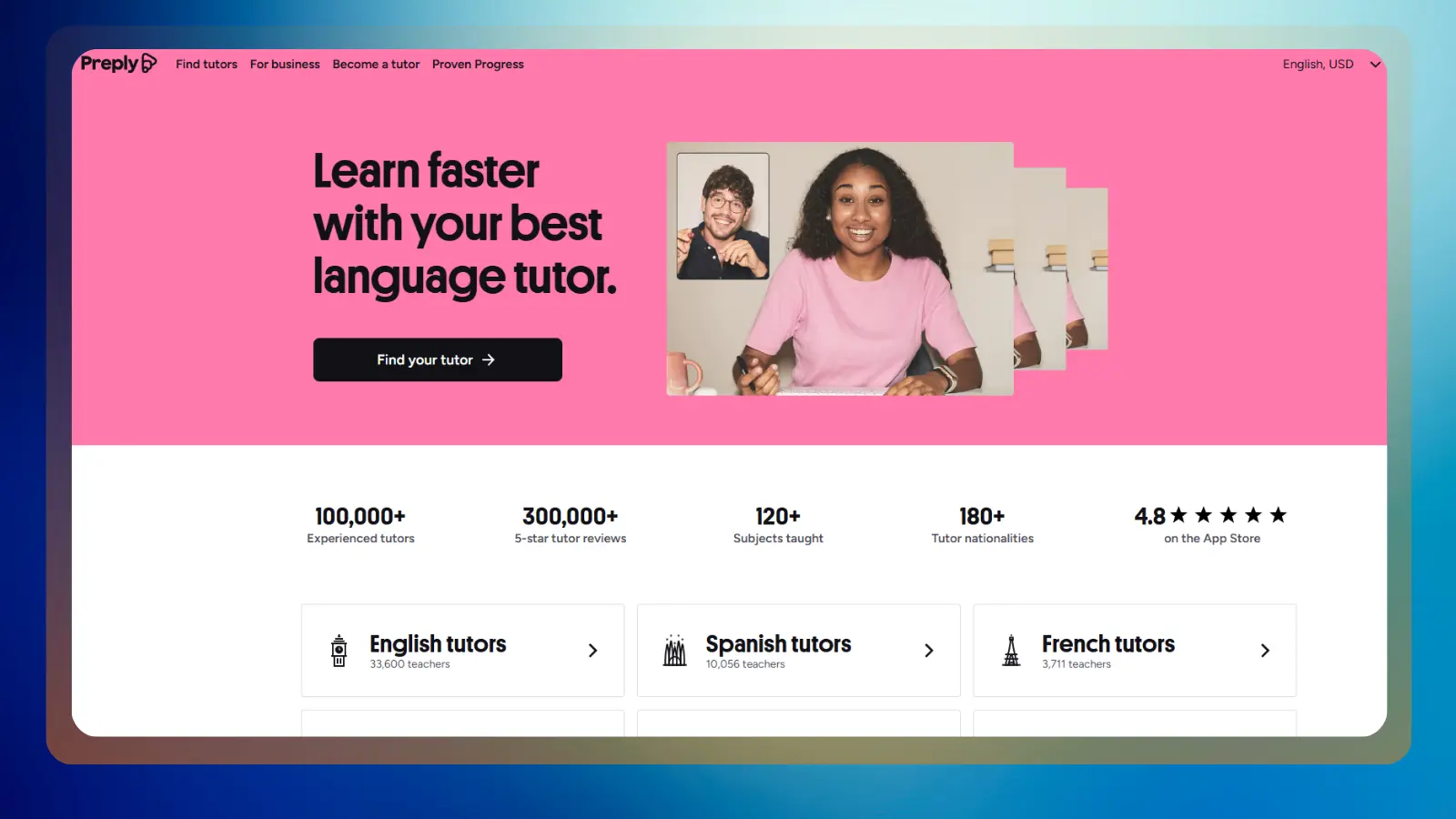 Página web de Preply en la que se muestran oportunidades de clases particulares de idiomas y profesores disponibles para diferentes idiomas