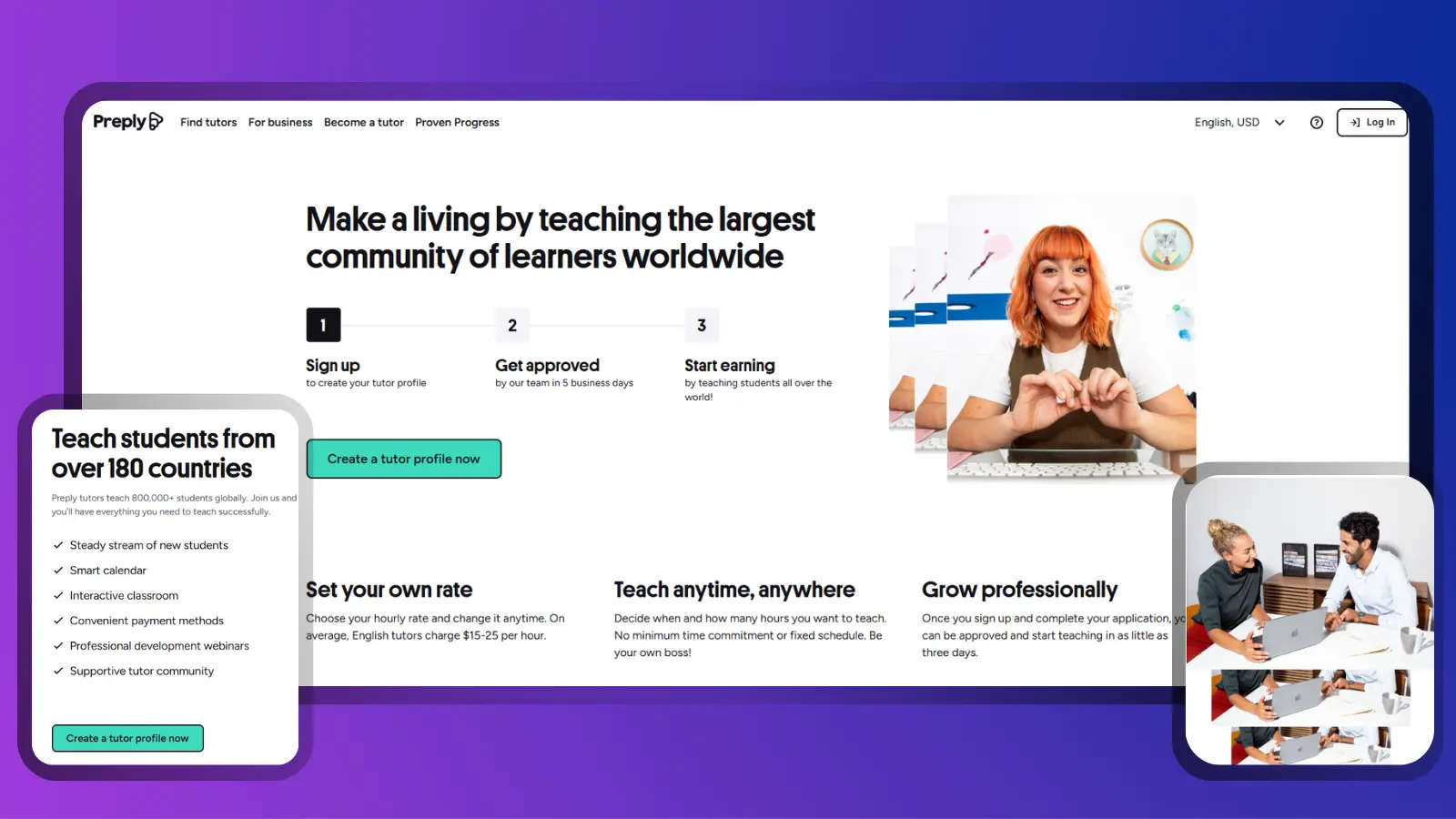 Preply online tutoring platform showing a tutor profile, teaching, and earning opportunities