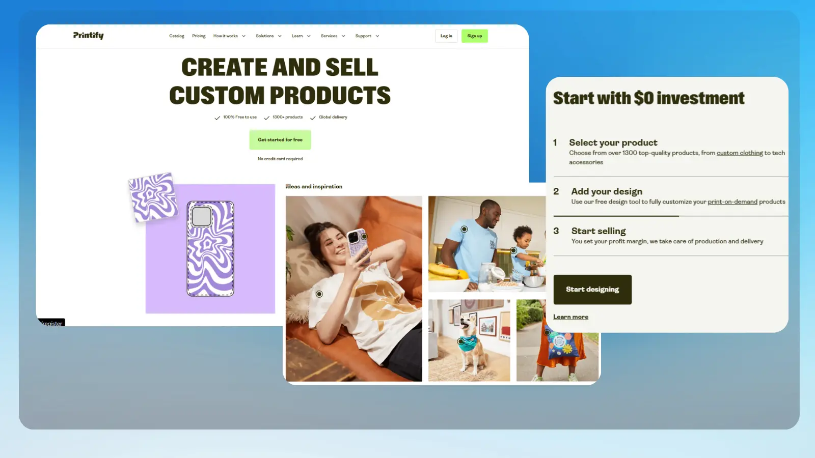 printify website showing custom products and a print on demand selling process