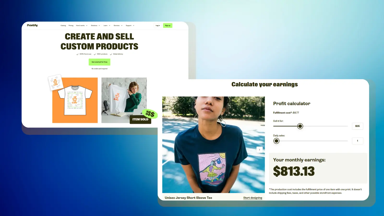 Página web de Printify en la que se muestran productos de impresión bajo demanda y una calculadora de beneficios para estimar los ingresos mensuales
