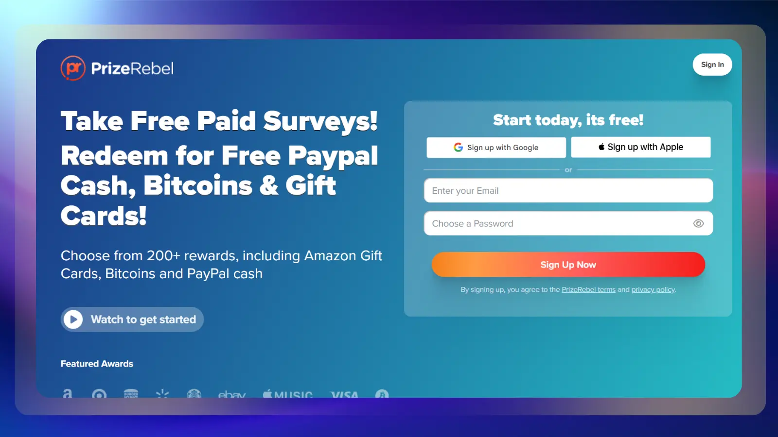 Página web de Prizerebel que ofrece encuestas remuneradas y recompensas, entre las que se incluyen dinero en efectivo a través de PayPal y tarjetas regalo.