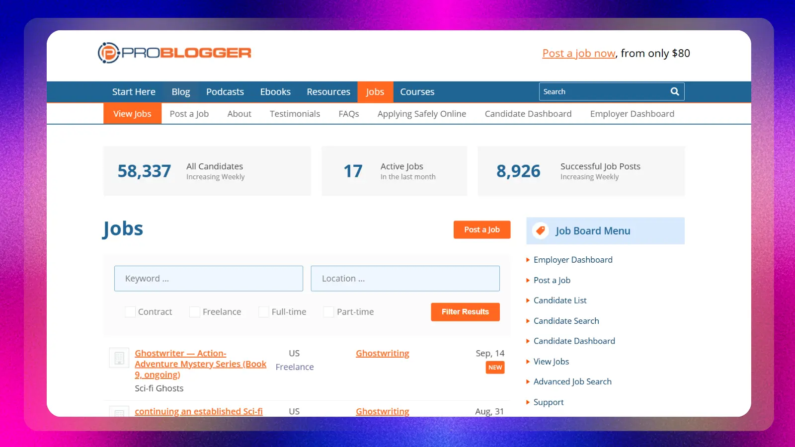 problogger website showing freelance jobs and a job board for writers