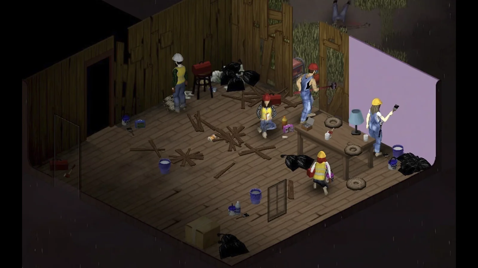 Project Zomboid - O melhor jogo de sobrevivência hardcore tipo sandbox - Um grupo de sobreviventes com capacetes de construção está a reparar e a construir dentro de um abrigo de madeira