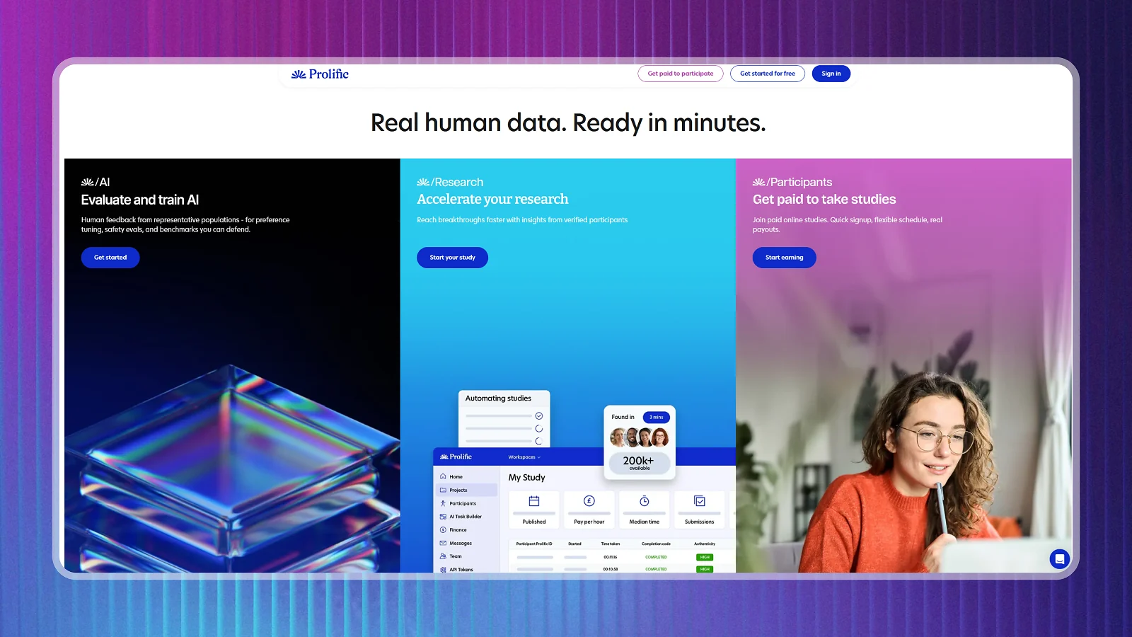 Prolific homepage showing a site opportunities