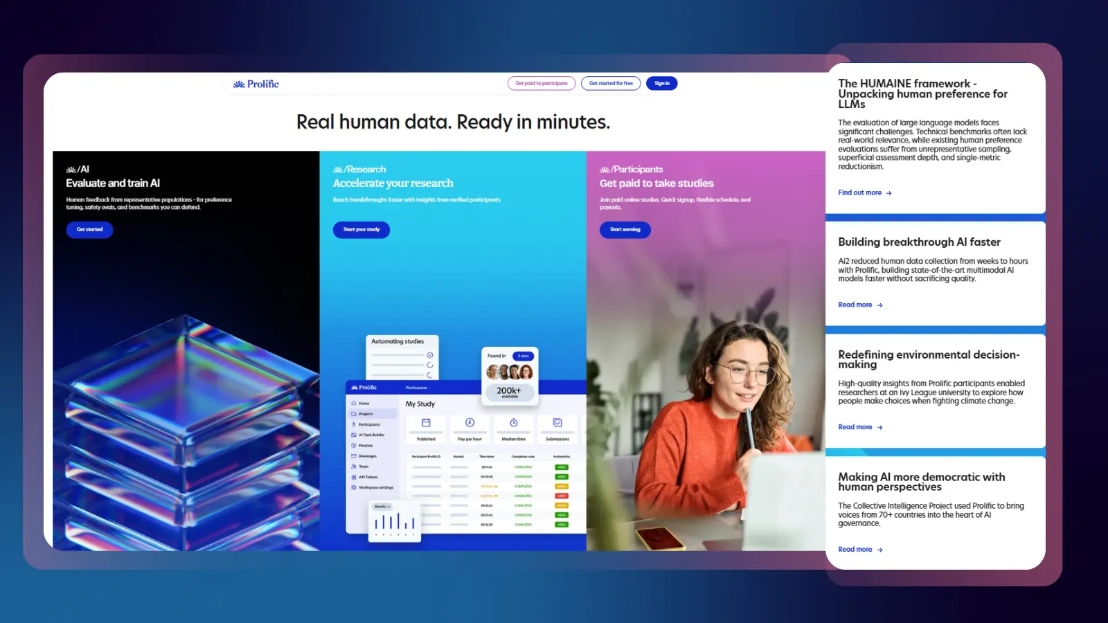 Prolific research platform showing how participants can get paid for studies while researchers collect human data for research and AI training