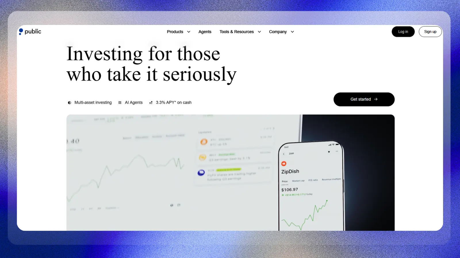 public website showing an investing platform and investment tools