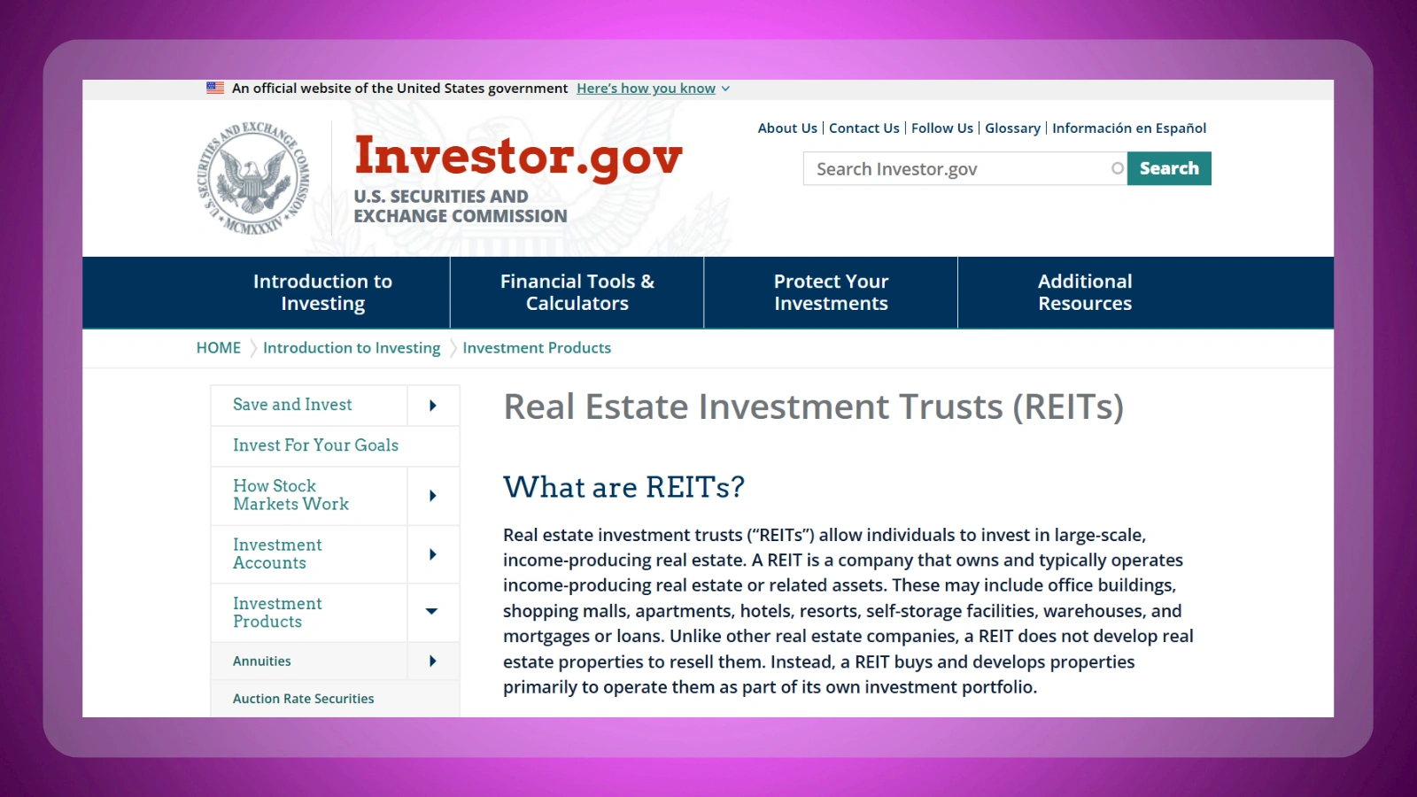investor.gov website homepage