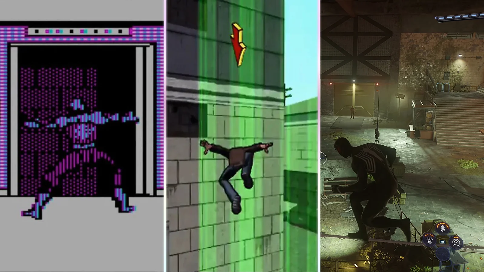 Split screen comparing retro Questprobe, cel-shaded Ultimate Spider-Man, and modern Marvel's Spider-Man 2 gameplay