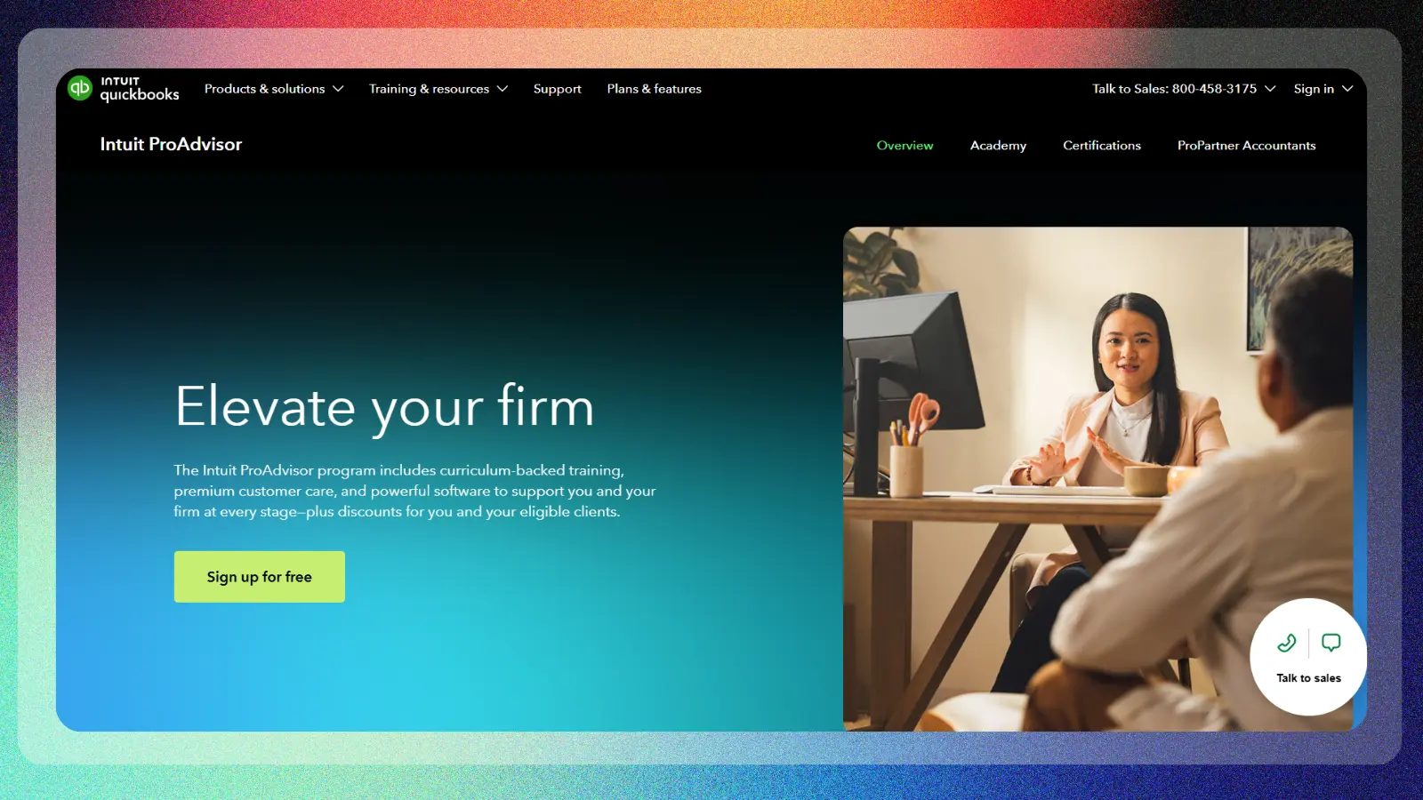 Quickbooks website showing proadvisor program