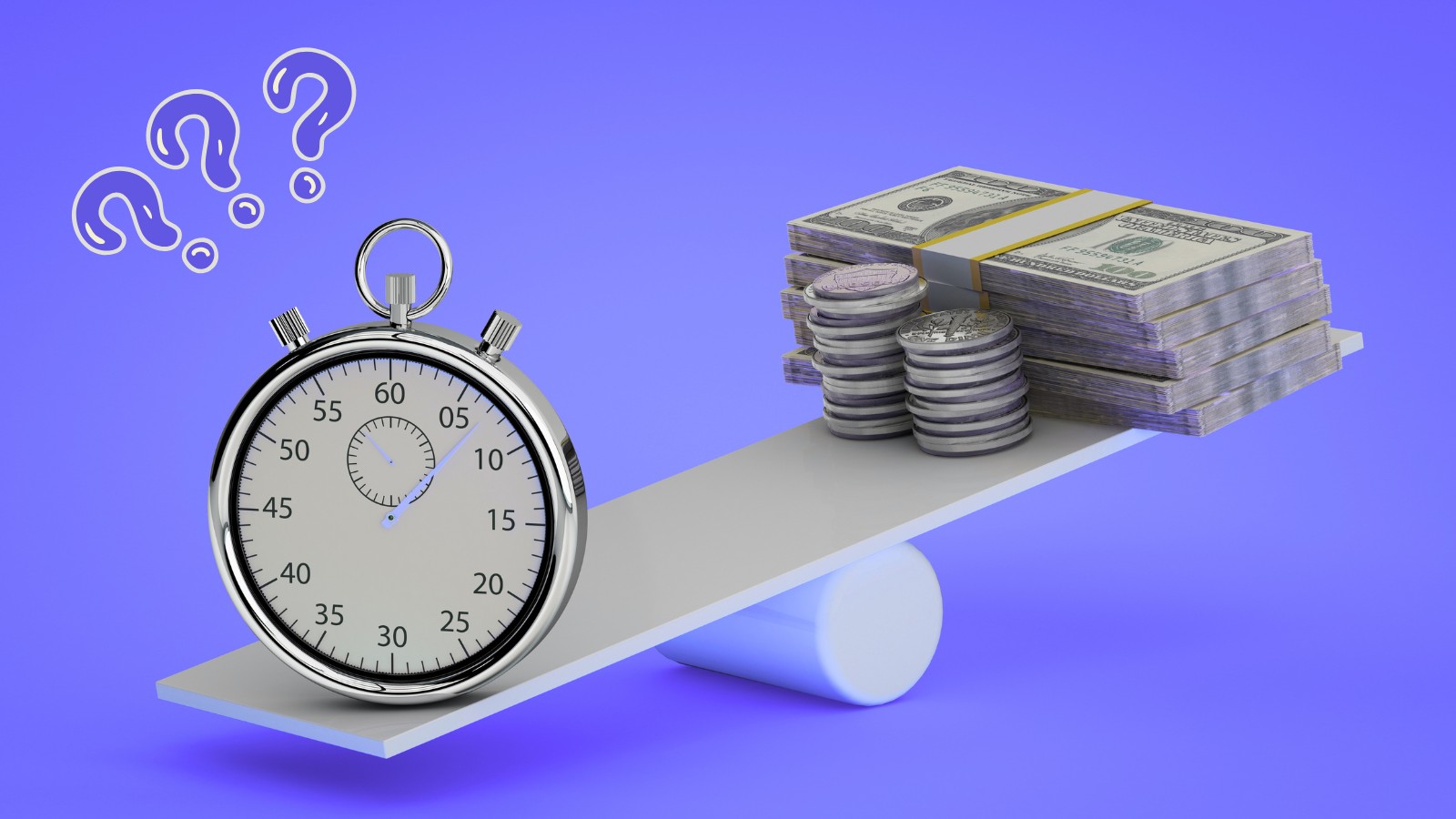 Illustration showing a timer/clock symbolising speed and money on a seesaw swing