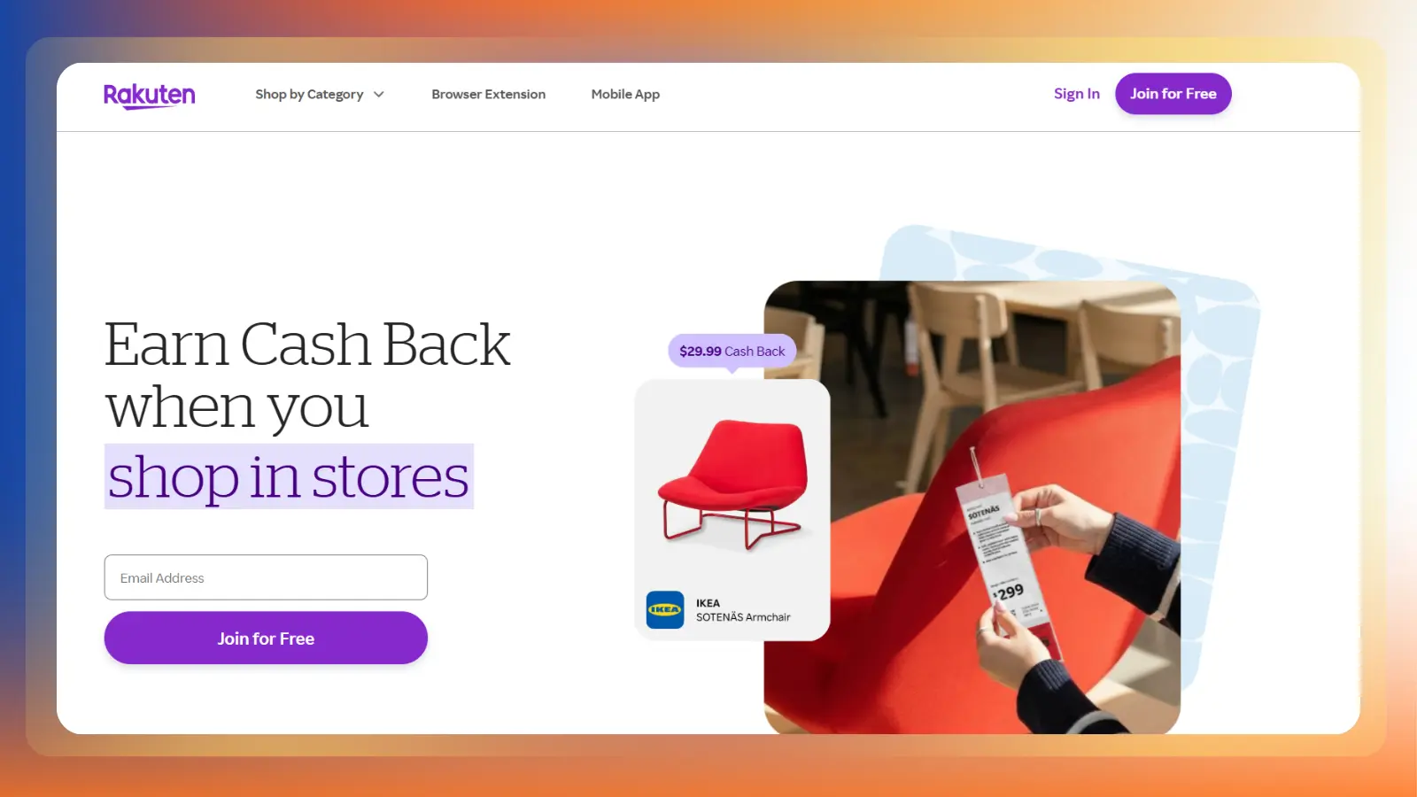rakuten website showing cash back when shopping in stores