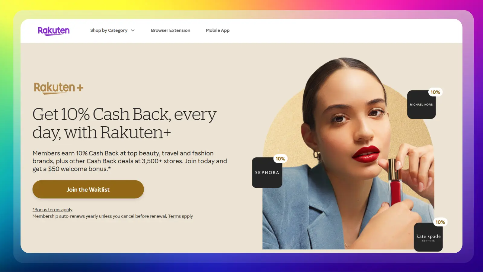 rakuten website showing cashback offers from beauty travel and fashion brands