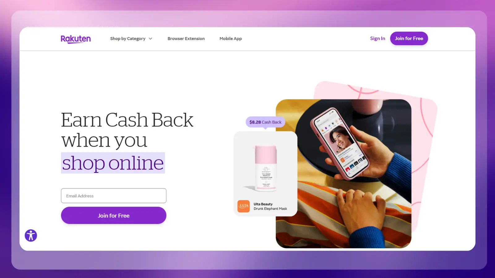 rakuten website showing its cash-back platform for earning money when shopping online