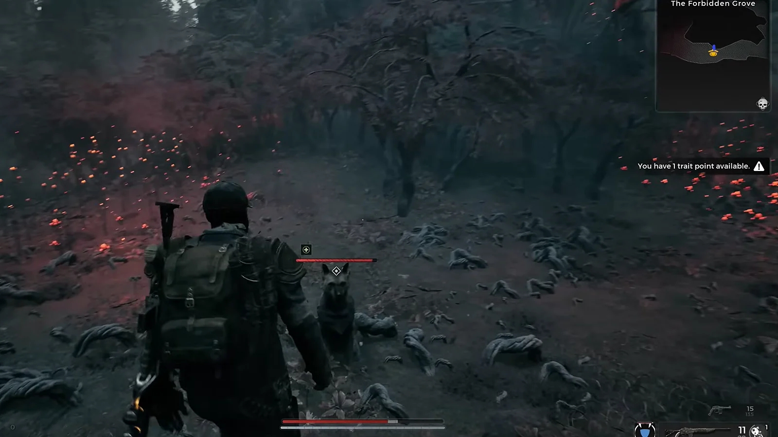 Remnant II gameplay showing a character exploring a dark environment covered in glowing red particles.