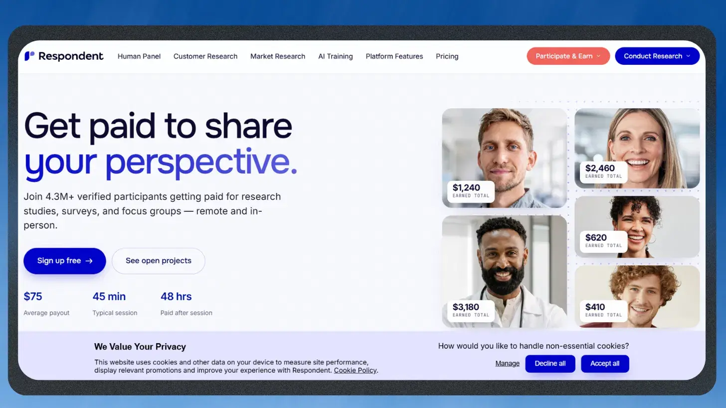 Respondent website homepage showing sign up options and details about average payout, typical session duration and payout speed