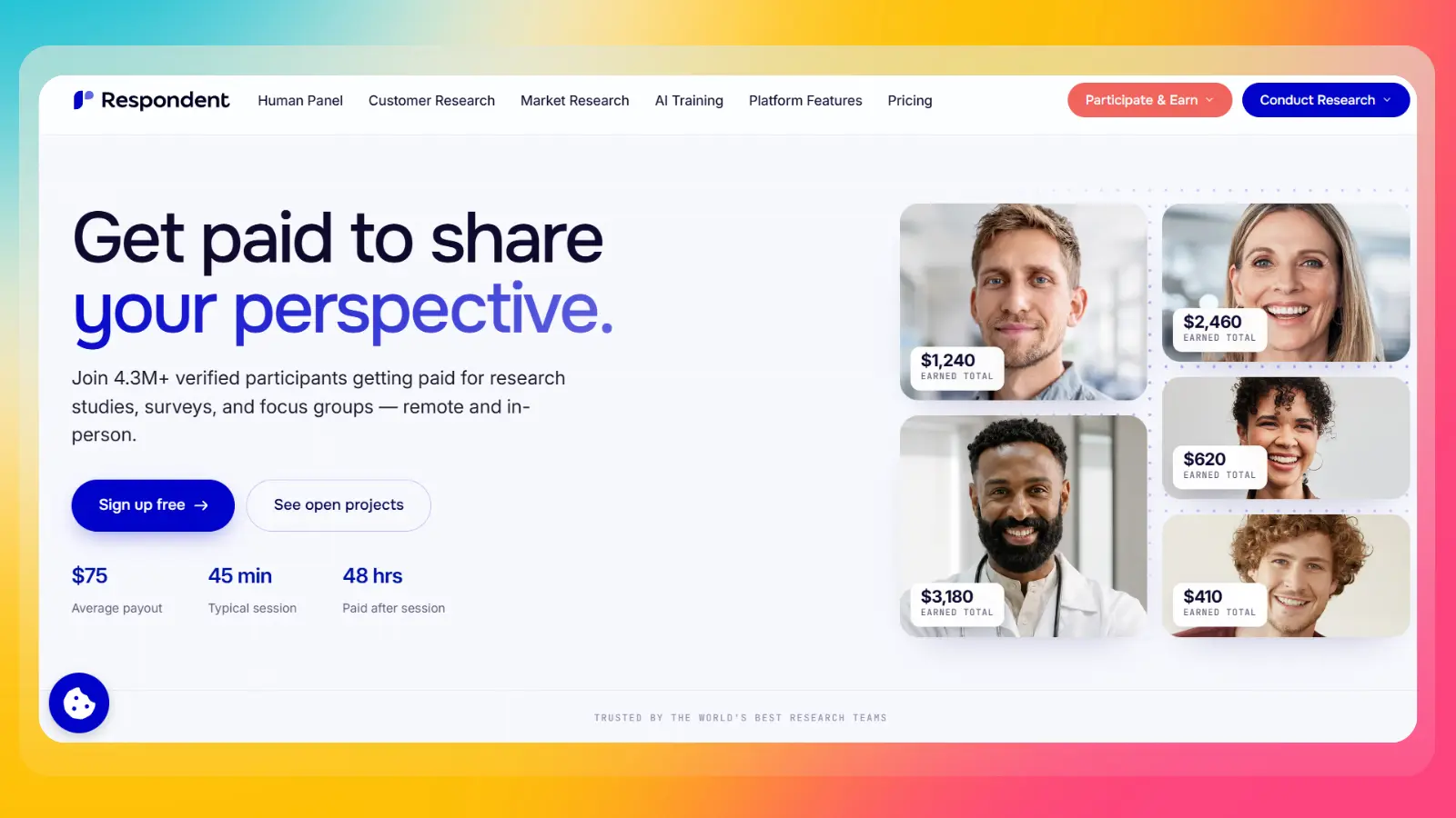 respondent website showing paid research studies and participant earnings