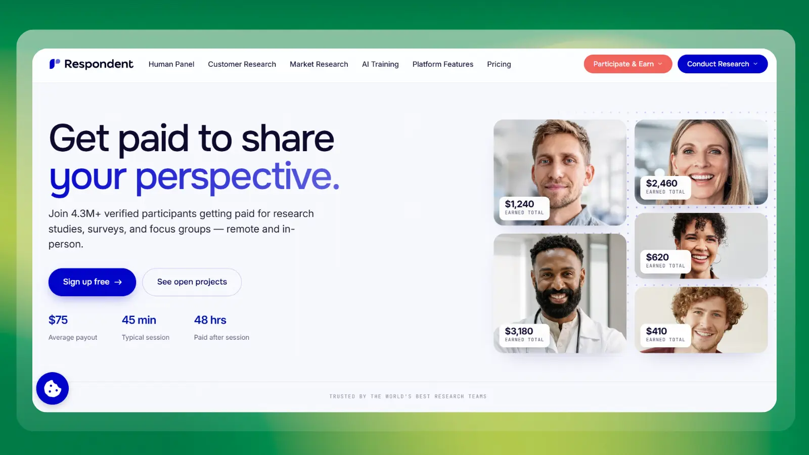 respondent website showing paid research studies and participant earnings