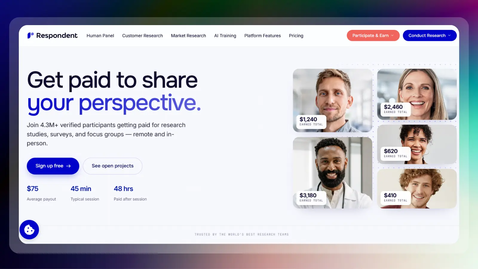 respondent website showing paid research studies and participant earnings