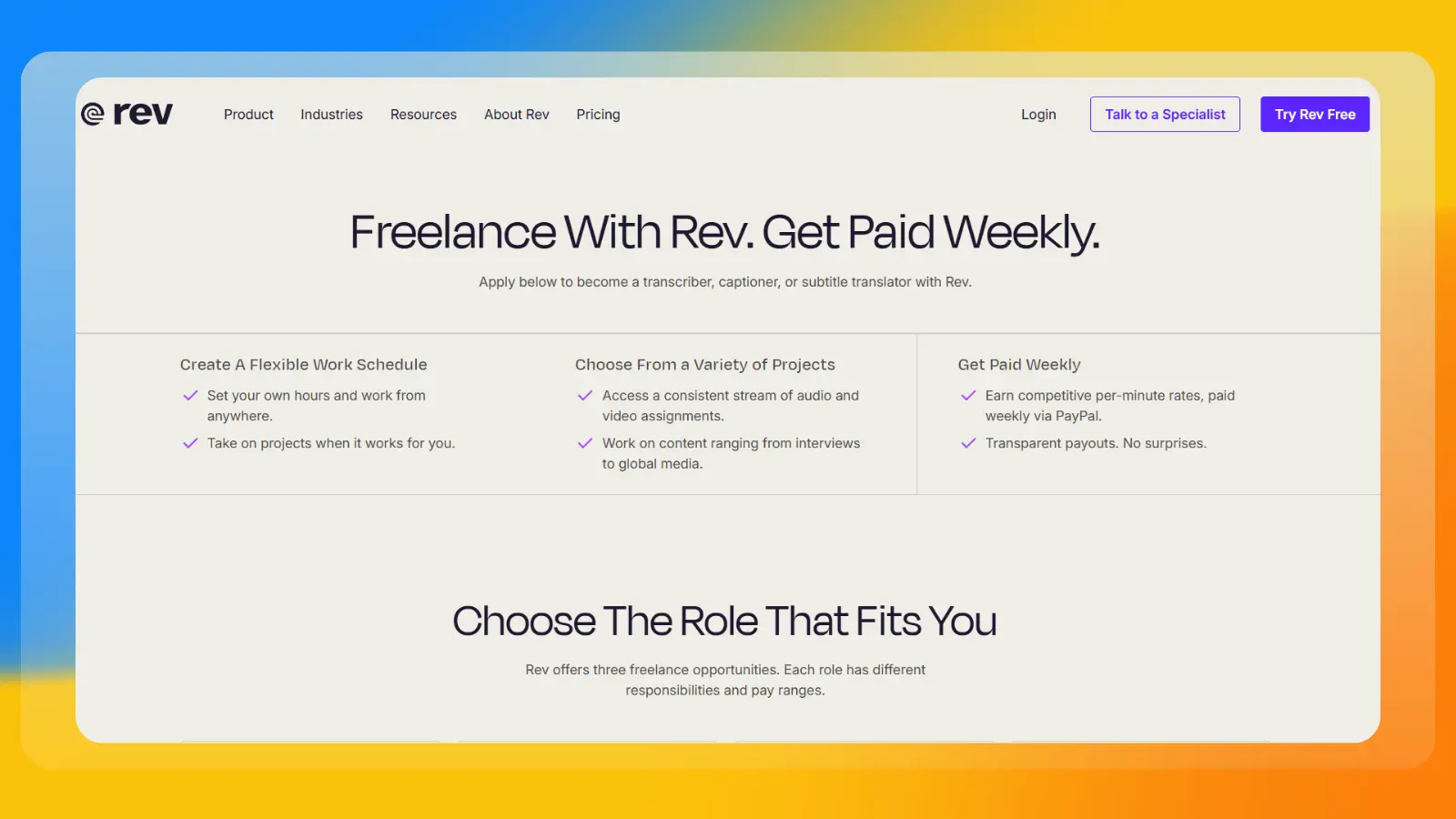 rev website showing freelance opportunities for transcription captioning and subtitle work