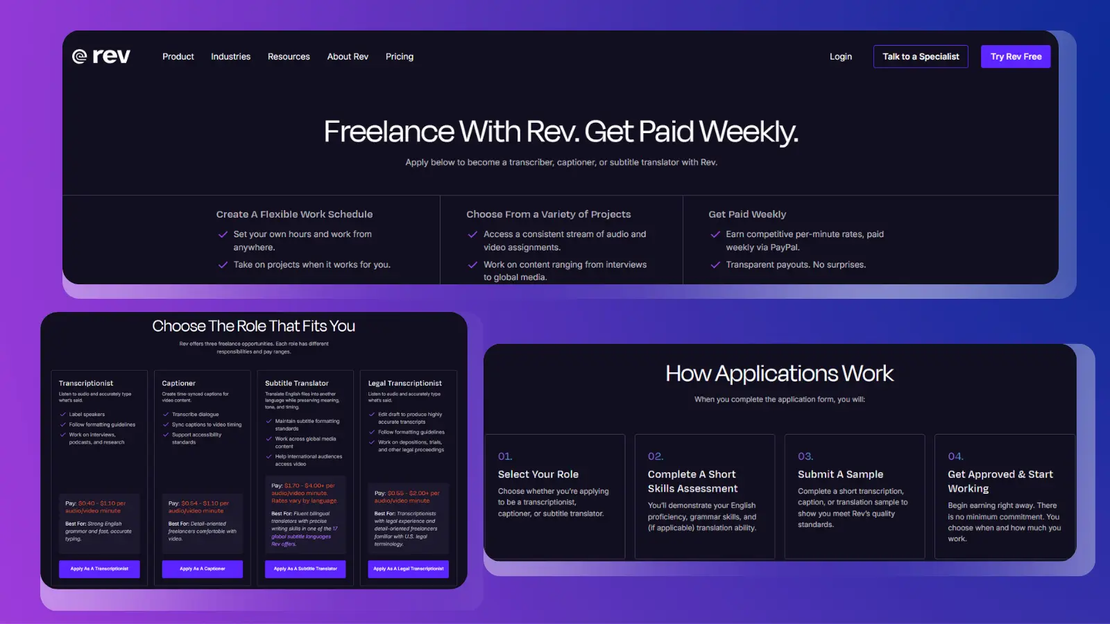 Plataforma de trabajo autónomo «rev» que ofrece trabajos de transcripción, subtitulado y traducción, así como oportunidades de remuneración
