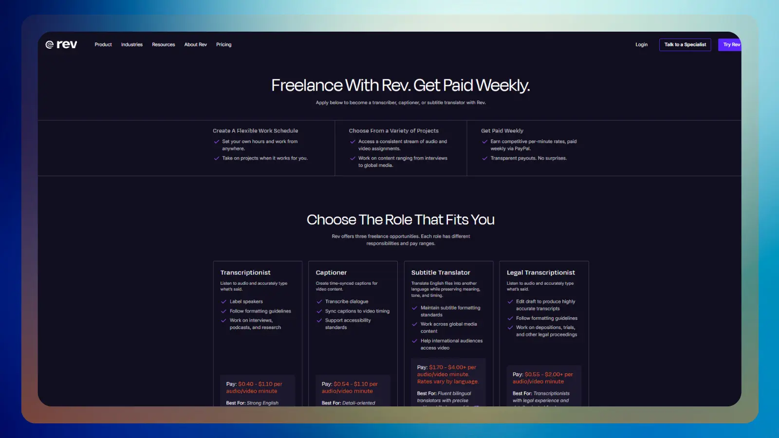 Página web de Rev que ofrece oportunidades de trabajo autónomo para transcriptores, subtituladores y traductores de subtítulos, con pagos semanales