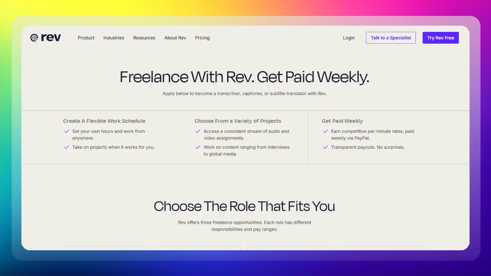 rev website showing freelance transcription captioning and subtitle work