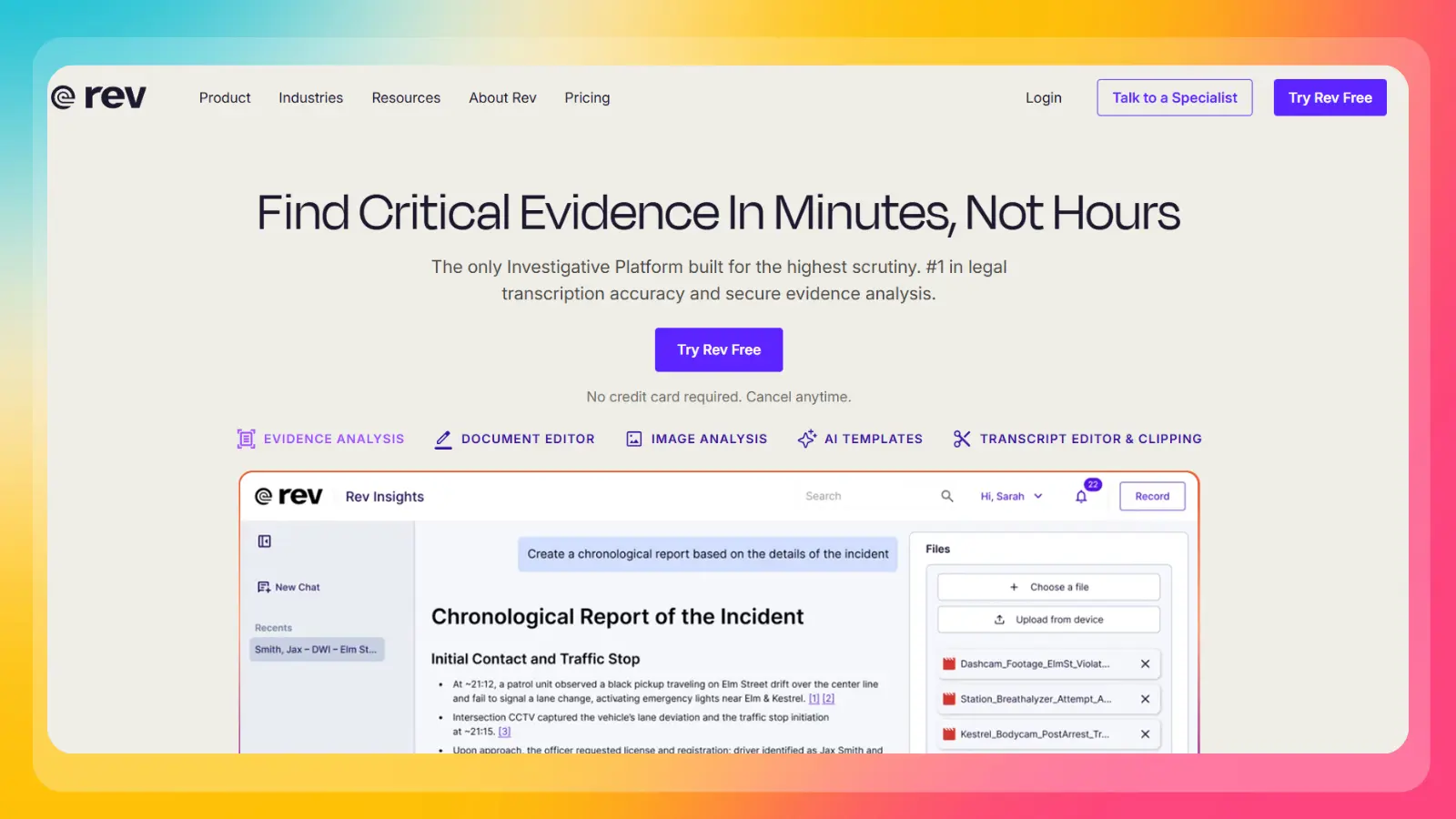 rev website showing an ai platform for evidence analysis and document review