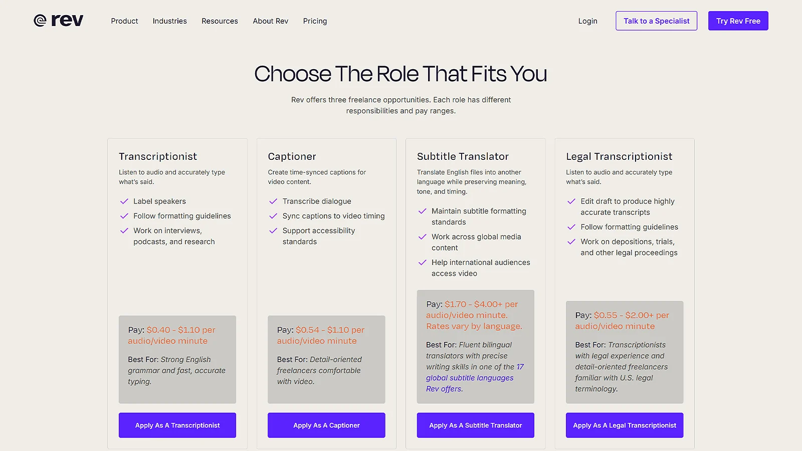 Rev freelance transcription and captioning jobs page