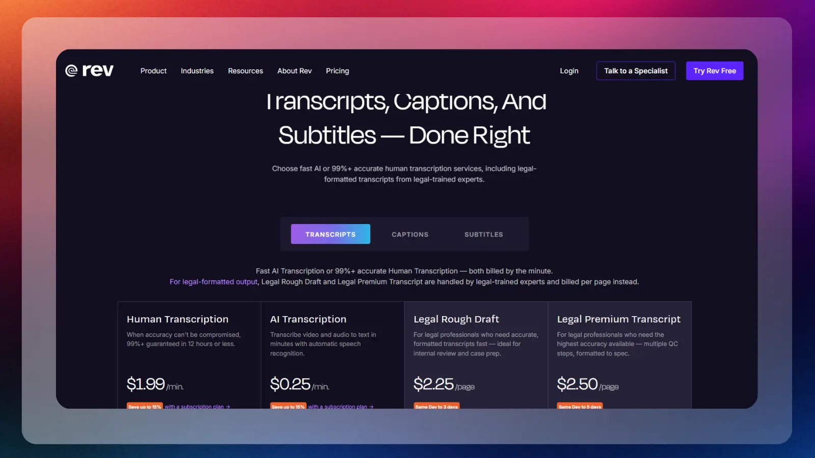 Rev website showing transcription options