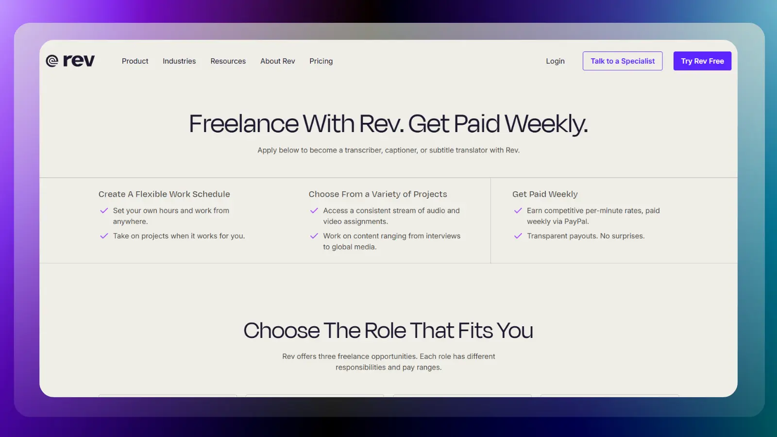 rev website showing freelance transcription captioning and subtitle work