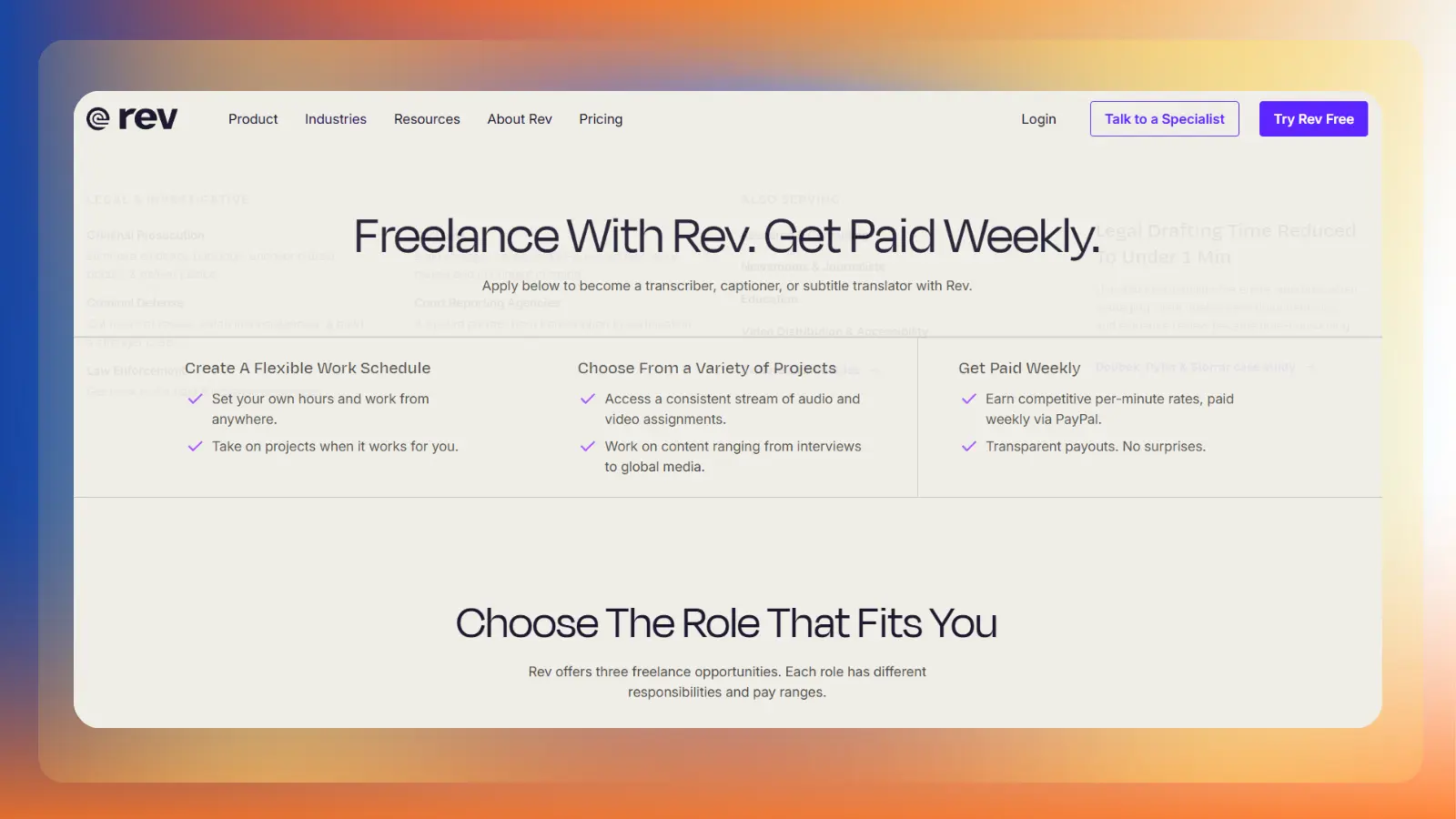 rev website showing freelance transcription captioning and subtitle work