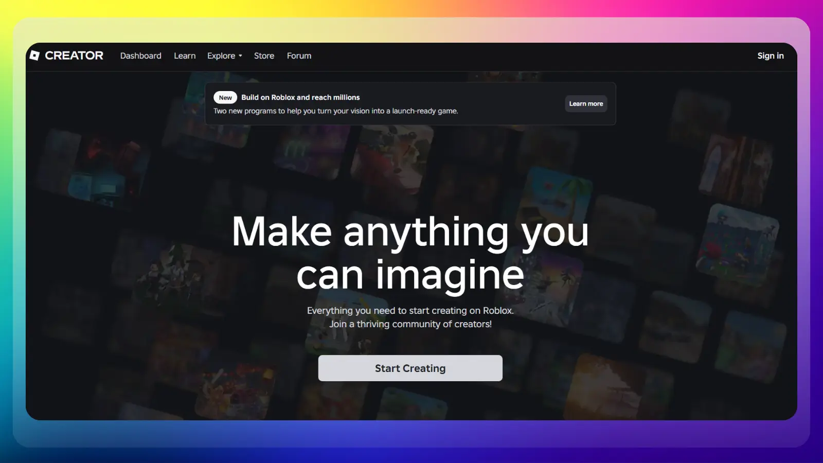 roblox creator website showing tools and resources for creating games